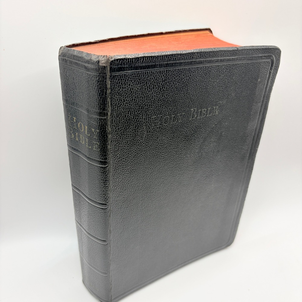 Vintage Holy Bible Black Pebbled Cover Red Edge 1950s Religious Scripture Book